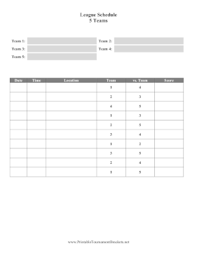 League Schedule 5 Teams 