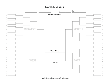 March Madness Bracket With First Four Games 
