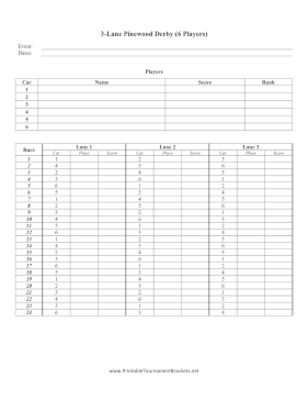 Pinewood Derby 3 Lanes 6 Players 